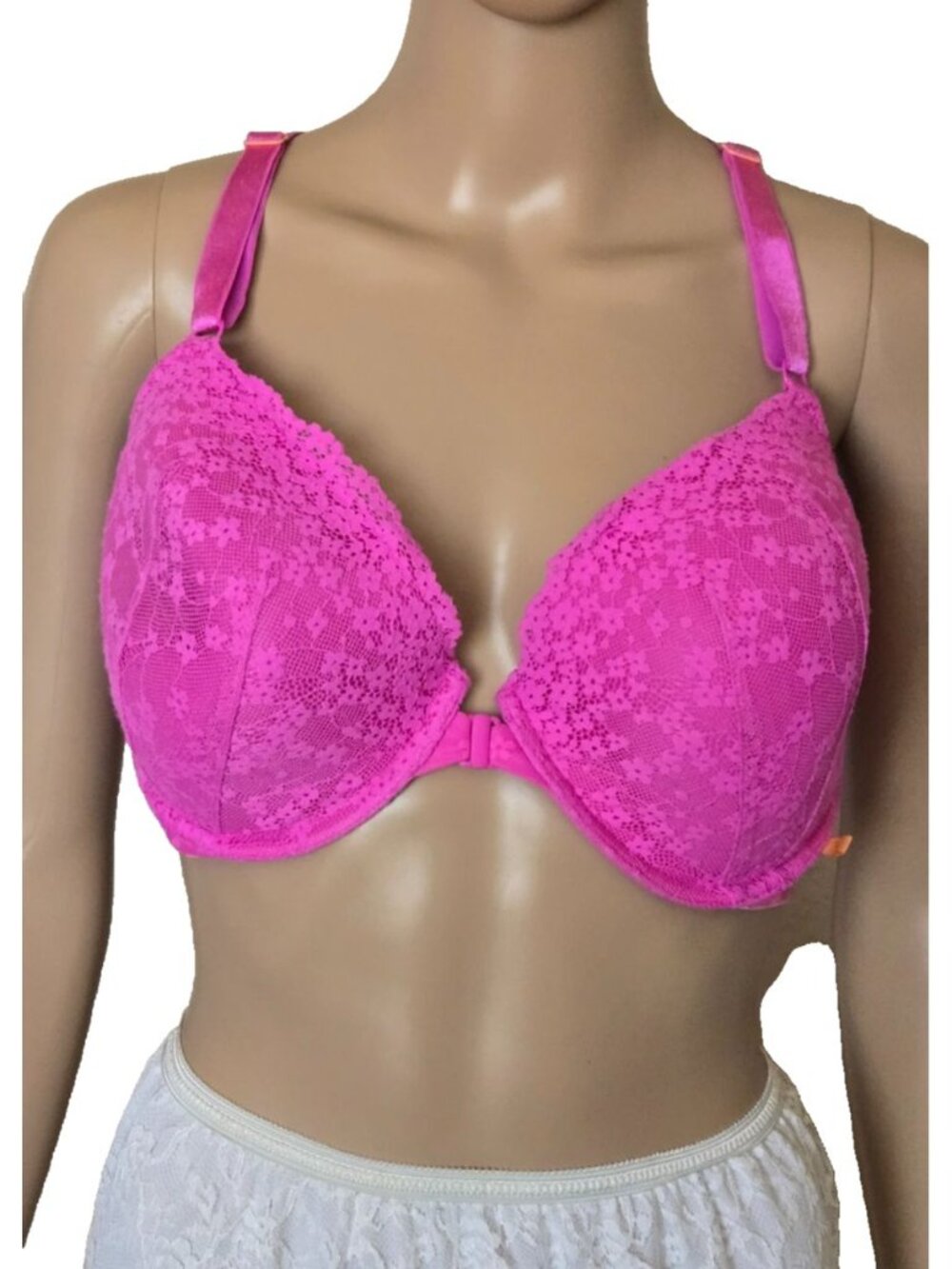 Victoria's Secret Lined Demi Front Close under wire lace overlay pink Bra 38DD